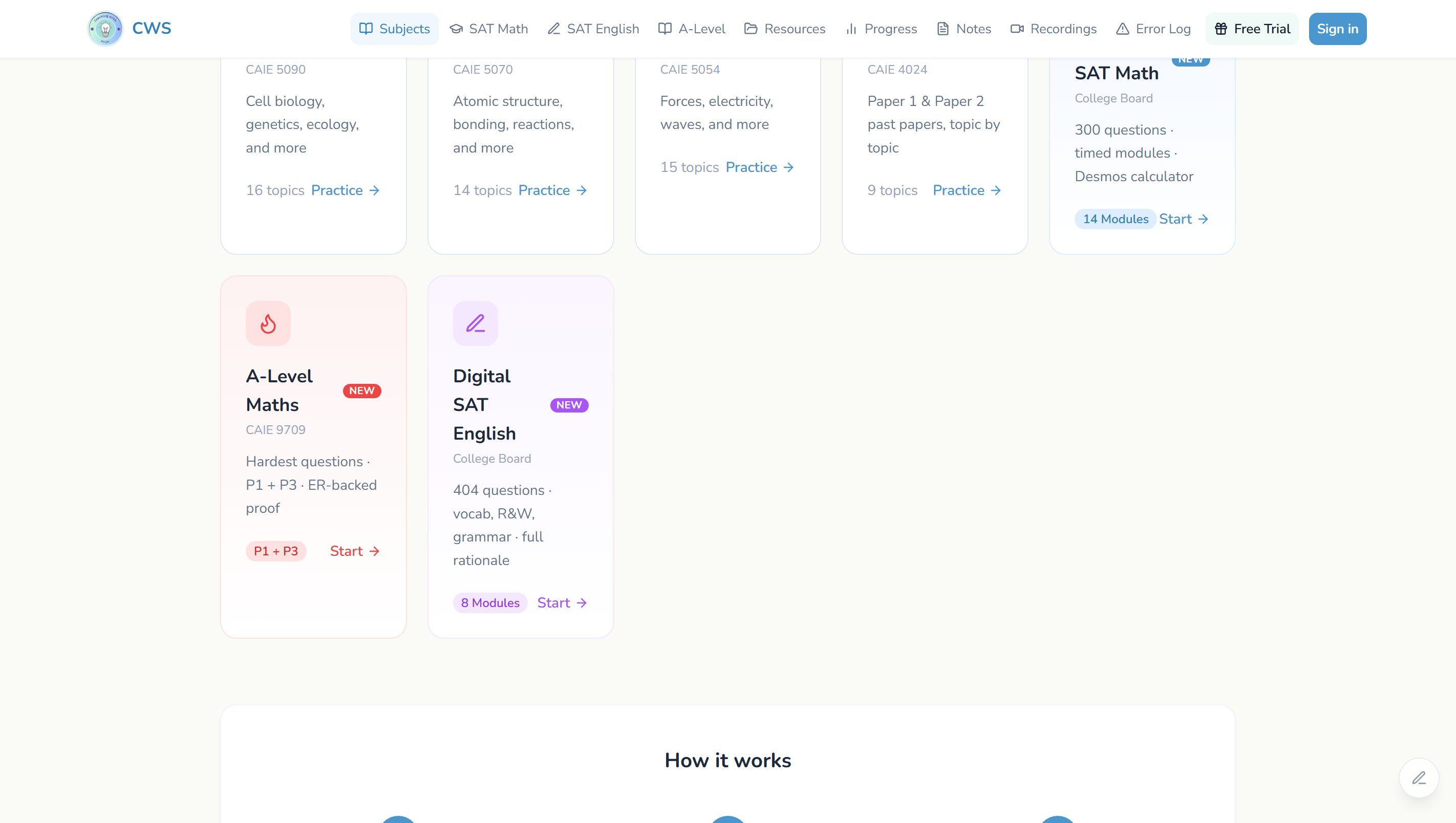 The Coaching With Shuja subject picker, with each subject opening into its own topic list.